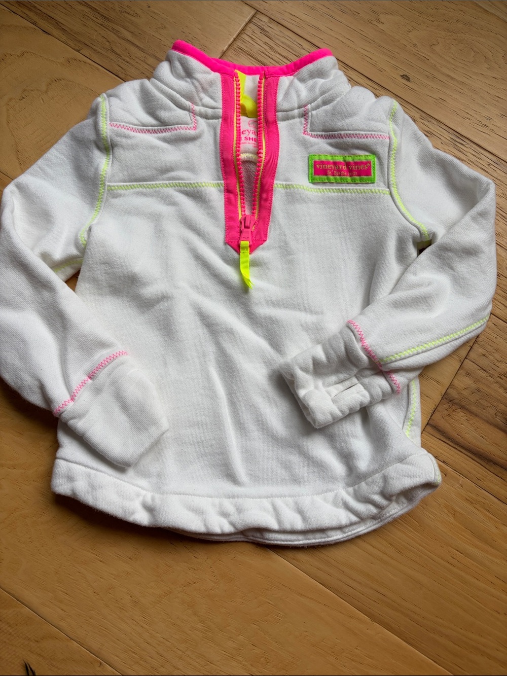 Vineyard Vines White Pullover with Neon Pink & Yellow Accents